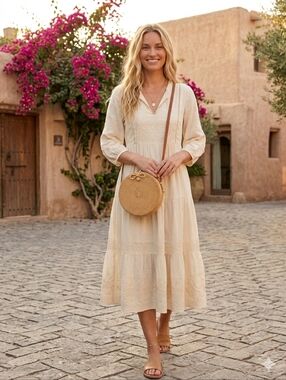 FREYA Handwoven  Crossbody Vintage Style Round Boho Purse, Tan, Women's OS